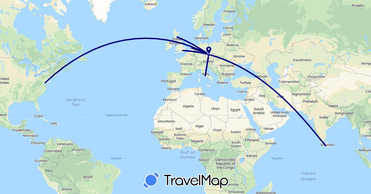 TravelMap itinerary: driving in Czech Republic, United Kingdom, Italy, Sri Lanka, Netherlands, United States (Asia, Europe, North America)